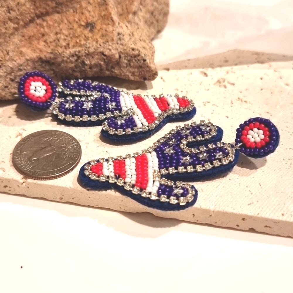 New Patriotic Beaded Cactus 4th Of July Independace Day Earrings - Picture 5 of 8